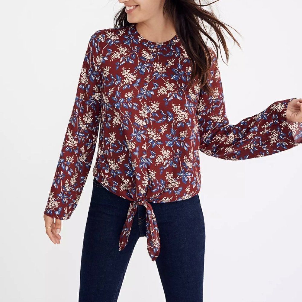 Madewell Bell Sleeve Tie Top Crewneck Antique Flora Garnet Blue K0213 Women XXS